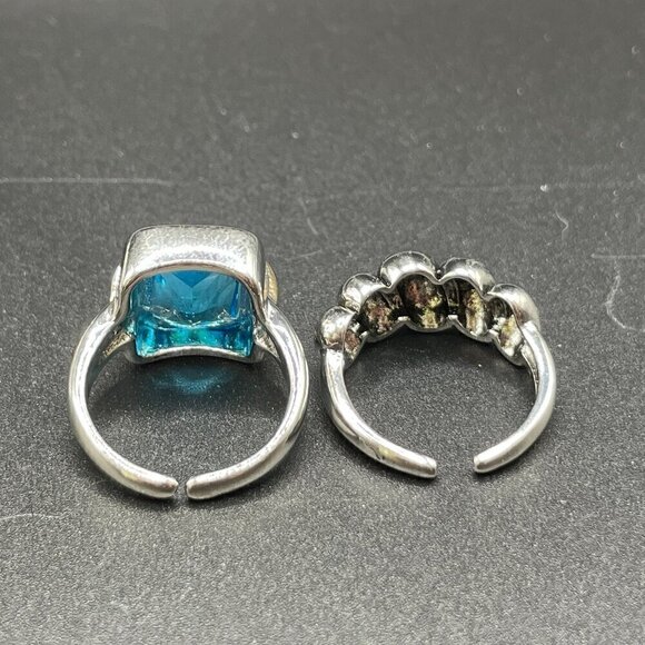 TWO RING SET Adjustable Silver Tone Faux Blue Zircon and Wrap Rings (#1367) - Picture 13 of 16